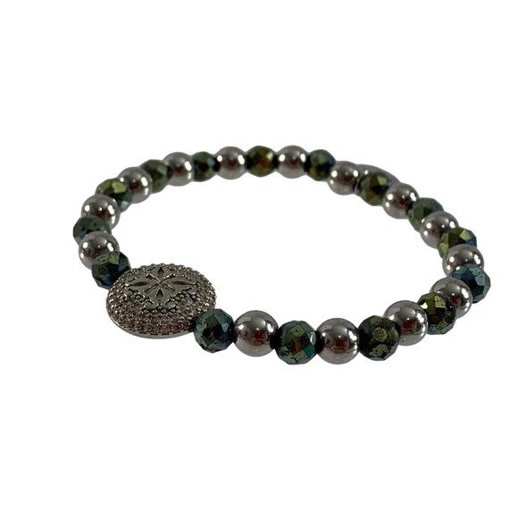 Rustic Cuff Beaded Stretch Bracelet Silver Tone Gray - Picture 1 of 7